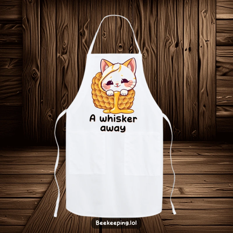 Funny cat honeycomb apron, giggling cat looking at dripping honey, sweet and humorous kitchen wear, practical gift.