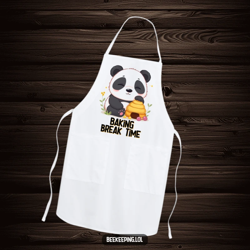 Funny Panda Apron showing a sleepy panda cub near a peaceful beehive, ideal for kitchen enthusiasts who love calm humor.