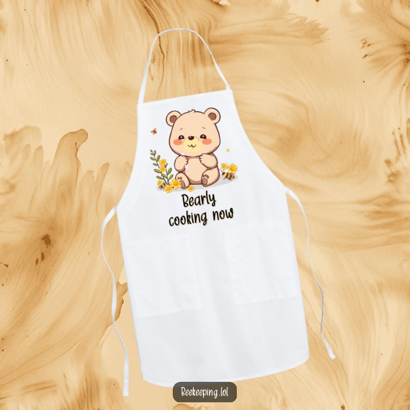 Funny apron with a beaming bear diligently collecting propolis, adding a humorous and charming touch to kitchen activities.