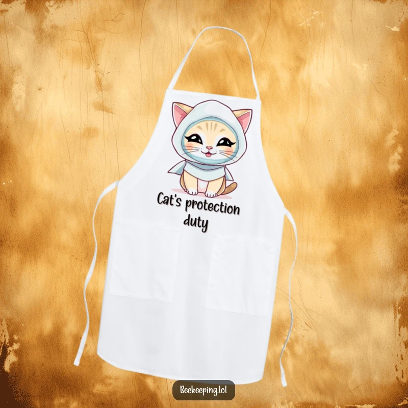 Funny Cat Apron: A giggling cat wearing a chef's smock and beekeeper's veil, ready for kitchen duty.