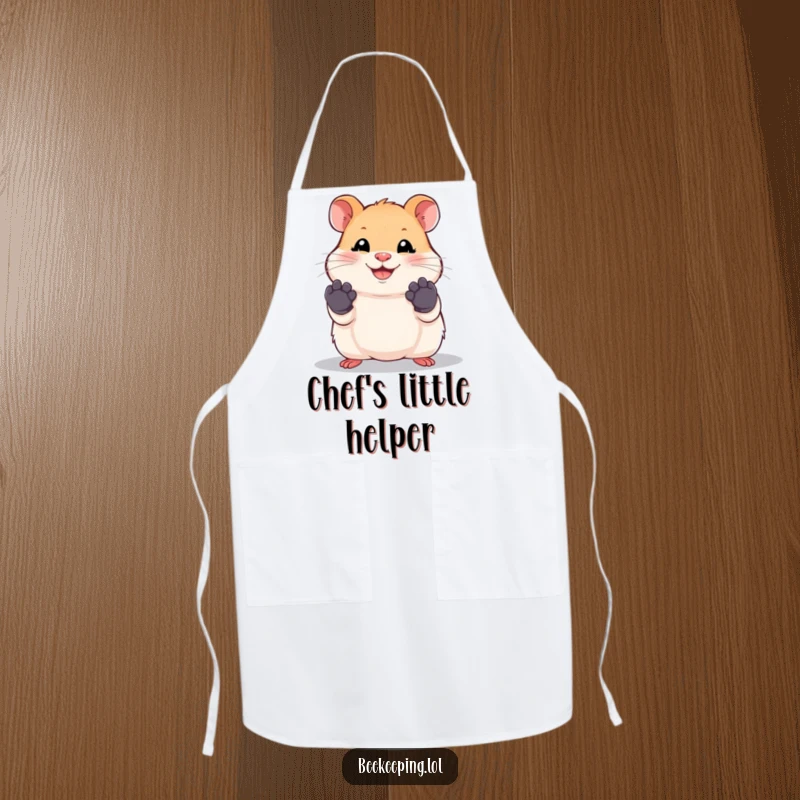 Funny hamster apron showing a smiling hamster wearing tiny work gloves, great for kitchen fun.