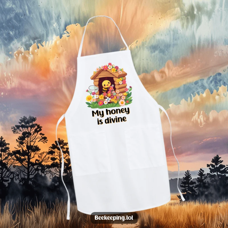Funny apron with a busy bee cheerfully working on a flower hive, ideal for kitchen tasks.