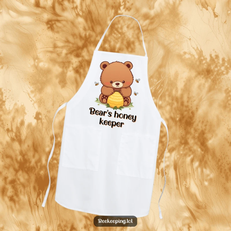Funny Bear Apron: A determined bear in an apron, gently supervising a buzzing beehive in a kitchen setting.