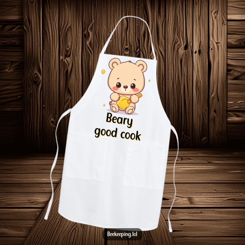 Funny bear apron showing a proud bear gently holding honey, ideal for kitchen fun.