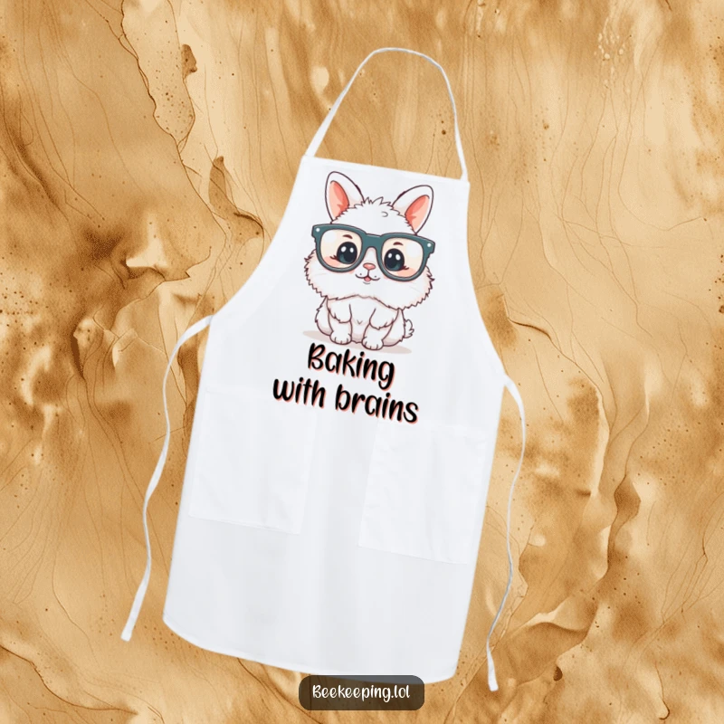 Funny fluffy bunny wearing oversized reading glasses, on a kitchen apron, adding witty and cheerful vibes to cooking or reading.