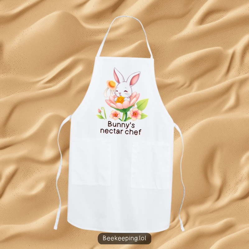 Funny Bunny Apron: A cute bunny wearing an apron, playfully sipping nectar from a giant flower.