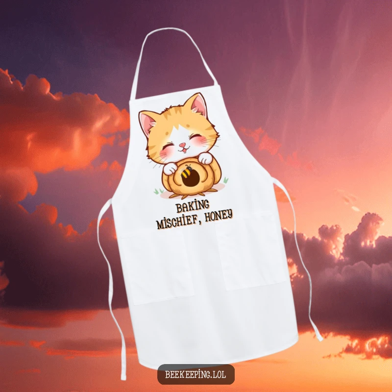 Funny apron: a giggling cat peers into a tiny beehive, designed for a humorous kitchen experience and protecting clothing.