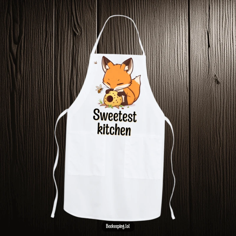 Funny determined fox carefully tending to a buzzing hive, a functional and humorous cooking apron.