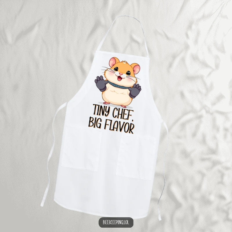 Funny apron featuring a smiling hamster wearing tiny work gloves. A humorous and practical accessory for kitchen tasks.