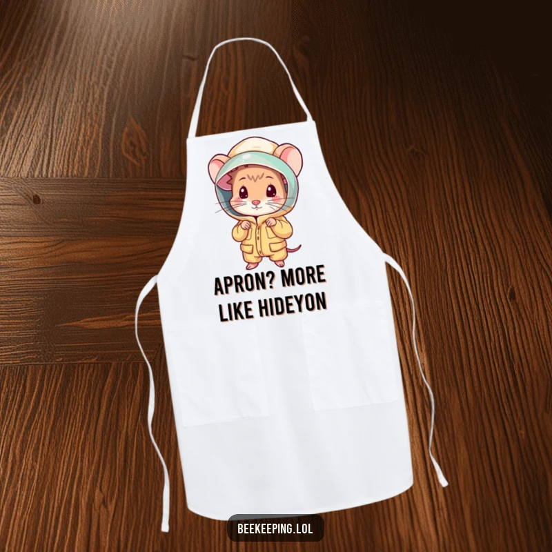 Funny shy mouse peeking from a beekeeping suit on a kitchen apron, bringing humorous style to cooking.