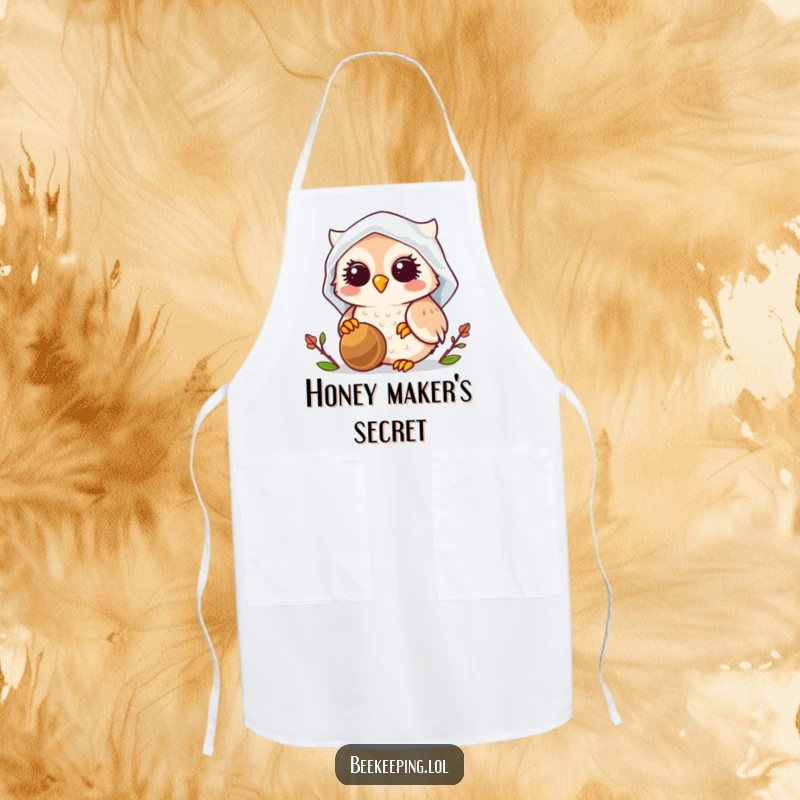 Funny Owl Beekeeper Apron, durable kitchen wear, smiling owl wearing veil, tending a beehive, humorous cooking accessory gift.