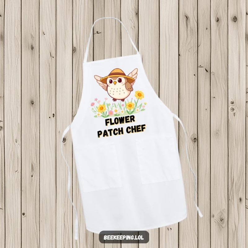 Funny apron showcasing a tiny, round owl in a straw hat buzzing around a flower patch, ready for kitchen fun.