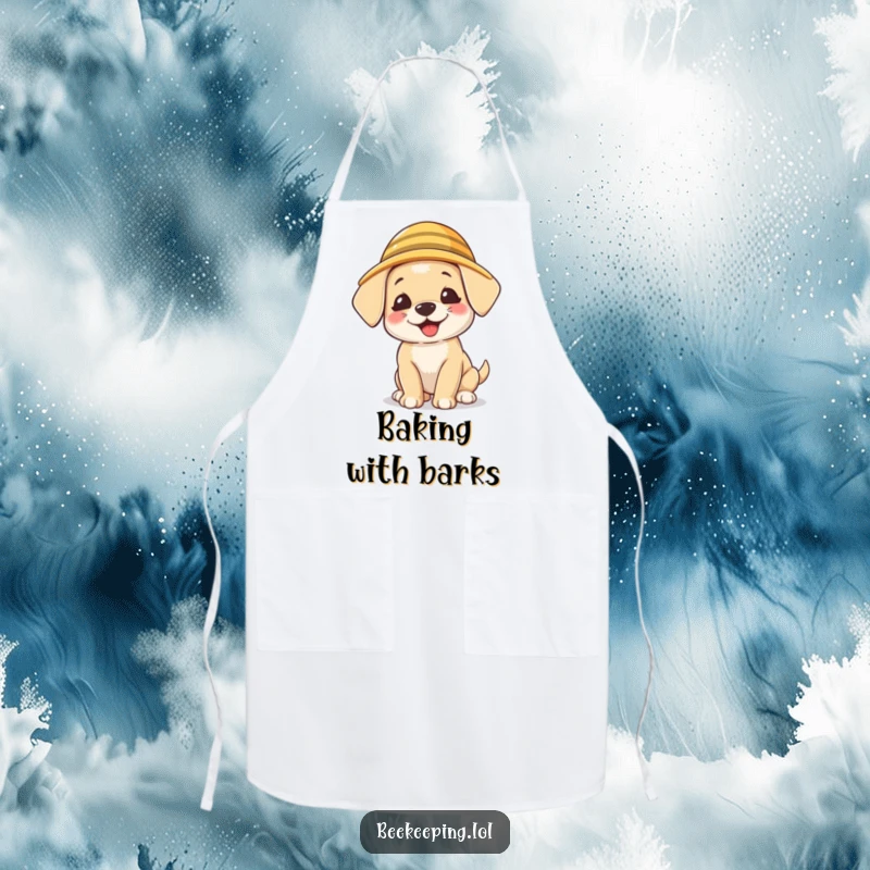 Funny Puppy Beekeeper Apron, durable kitchen wear, a giggling puppy wearing a tiny beekeeper hat, humorous pet accessory.