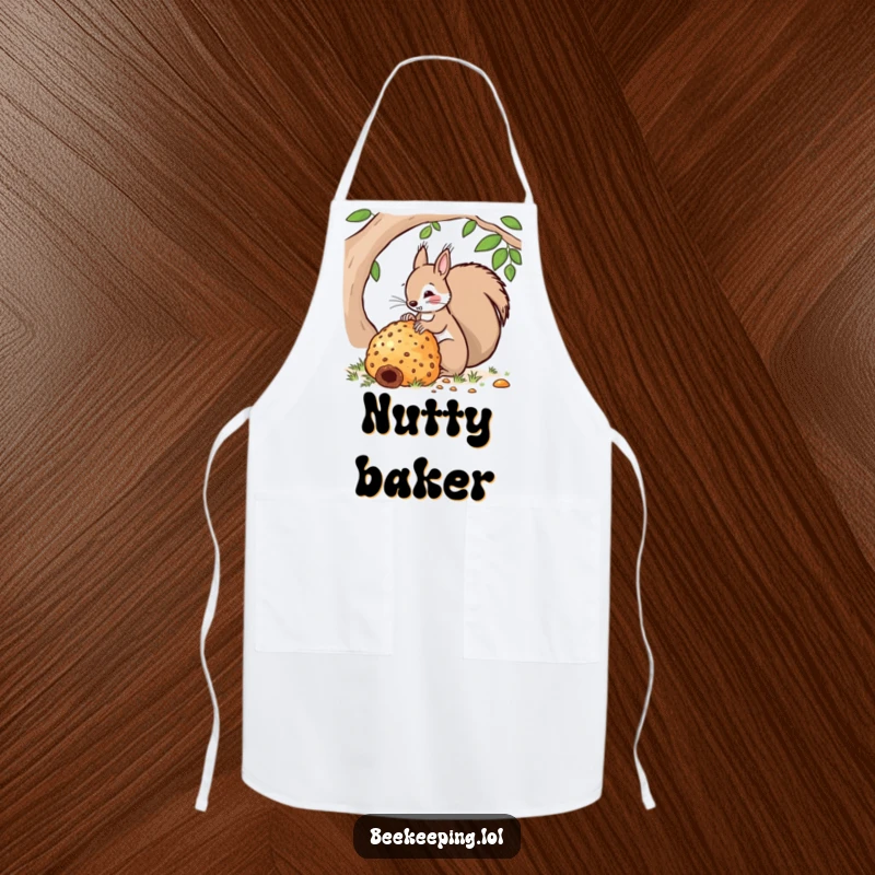 Funny apron featuring a squirrel tending to a very large beehive. A humorous and practical accessory for kitchen tasks.