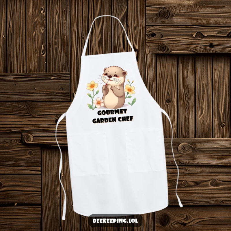 Funny Otter Apron showing a graceful otter collecting nectar with a tiny tool, ideal for kitchen enthusiasts who love detailed humor.