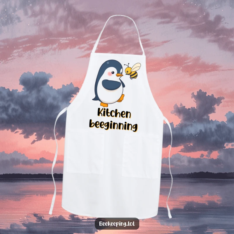 Funny apron: a shy penguin hovers near a buzzing bee, designed for a humorous kitchen experience and protecting clothing.