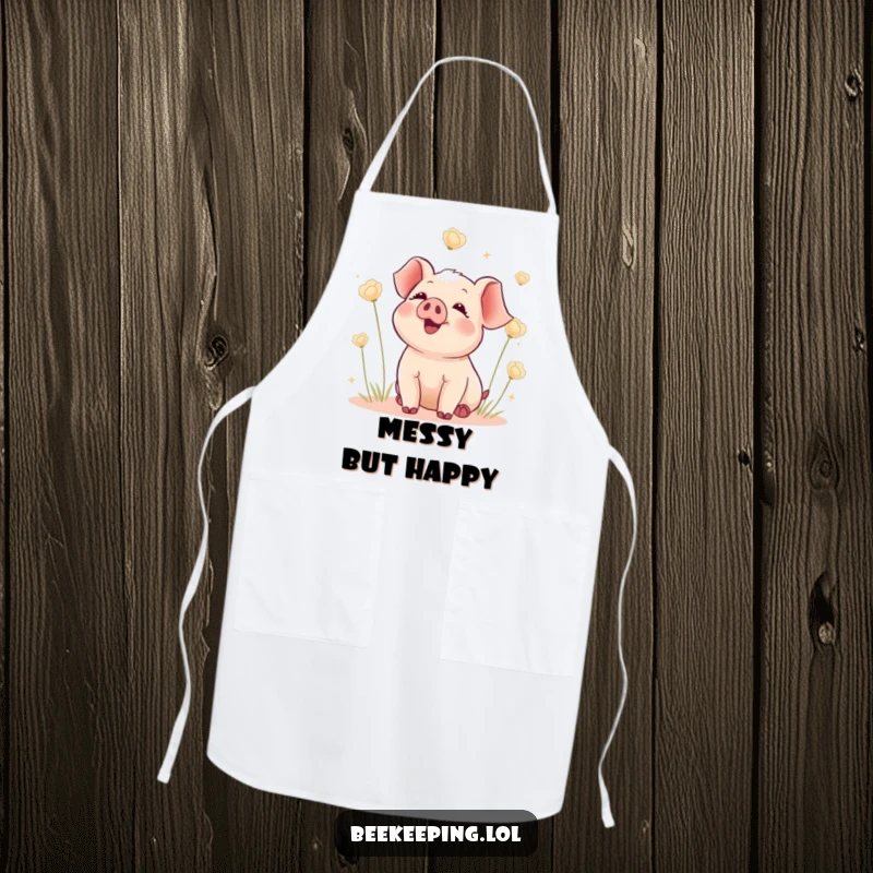 Funny apron with a delighted piglet watching fluffy seed heads float, adding a humorous and charming touch to kitchen activities.