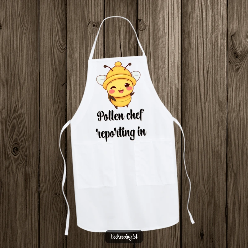 Funny Bee Apron: A cute bee wearing a chef's hat, generously covered in pollen, ready for culinary fun in the kitchen.