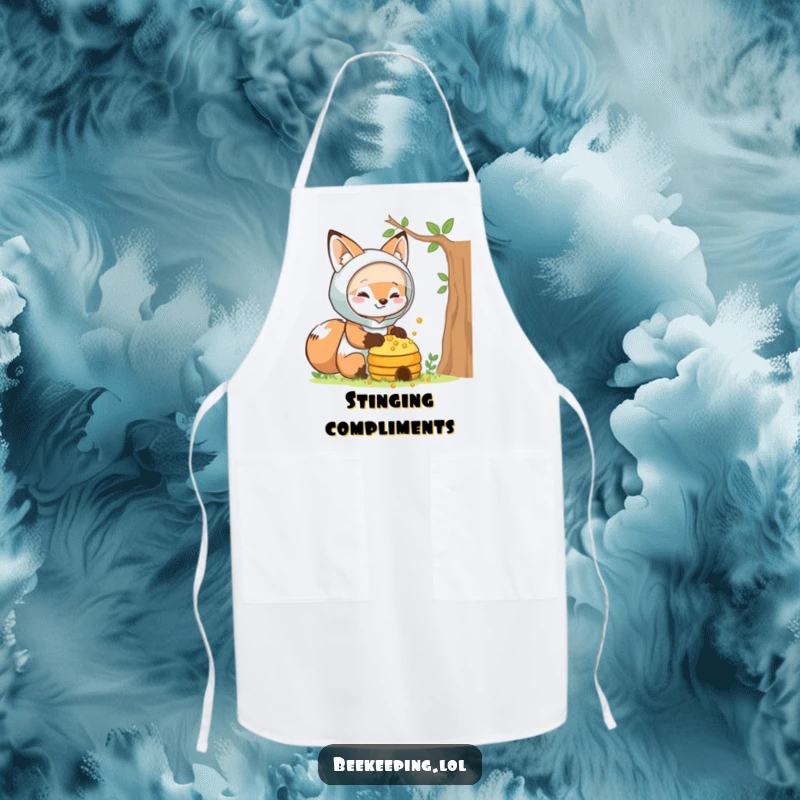 Funny fox beekeeper apron, smiling fox in protective suit, guarding a beehive, practical and humorous kitchen wear.