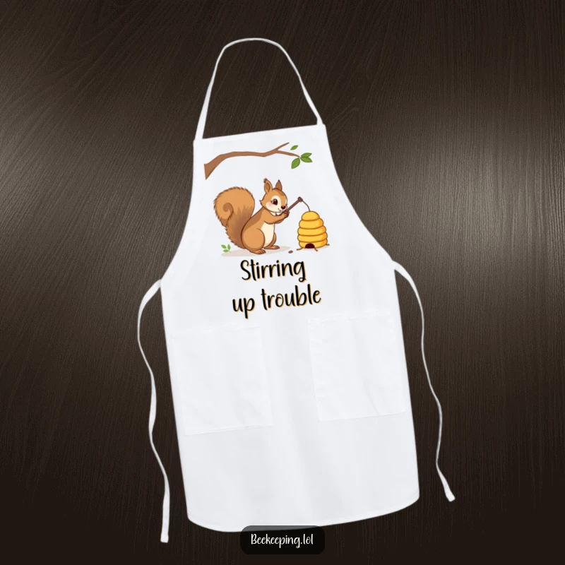 Funny squirrel with a stick gently tapping a beehive on a kitchen apron, practical and amusing, great gift.