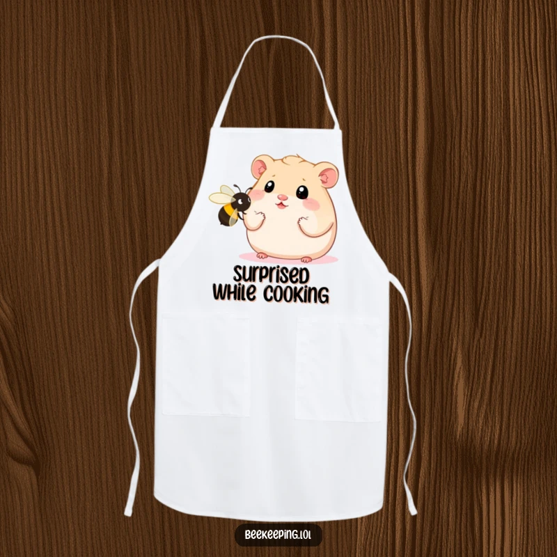 Funny Hamster Apron showing a plump hamster with wide eyes staring at an oversized bee, ideal for kitchen enthusiasts who love exaggerated humor.