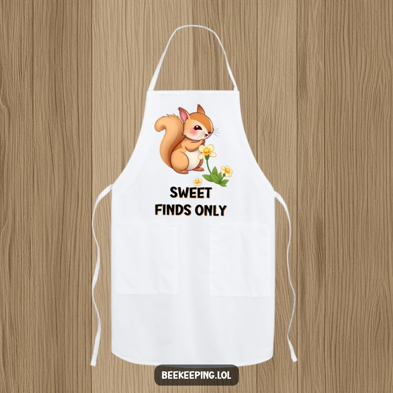 Funny Squirrel Flower Apron, durable kitchen wear, bouncy squirrel gathering nectar from a flower, humorous nature accessory.