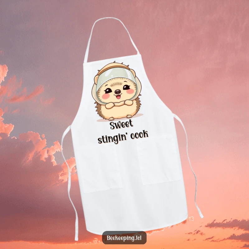 Funny hedgehog wearing a miniature beekeeper veil, giggling adorably, on a kitchen apron, adding a cheerful touch to cooking.
