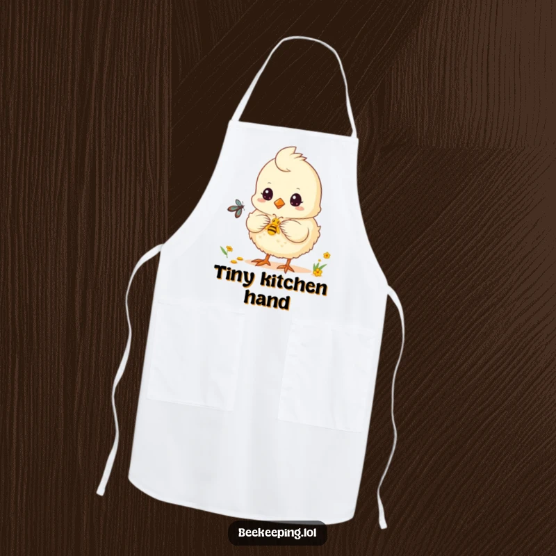 Funny chick apron showing a fluffy chick collecting nectar, great for kitchen or garden fun.