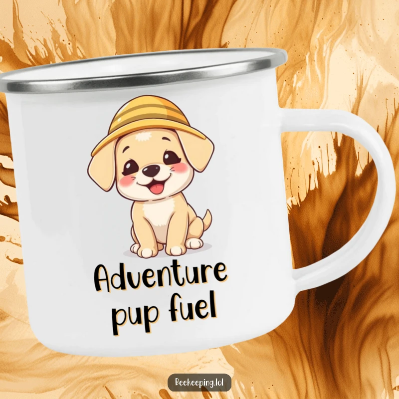 Funny Puppy Beekeeper Camping Mug, enamel, a giggling puppy wearing a tiny beekeeper hat, humorous outdoor gear.