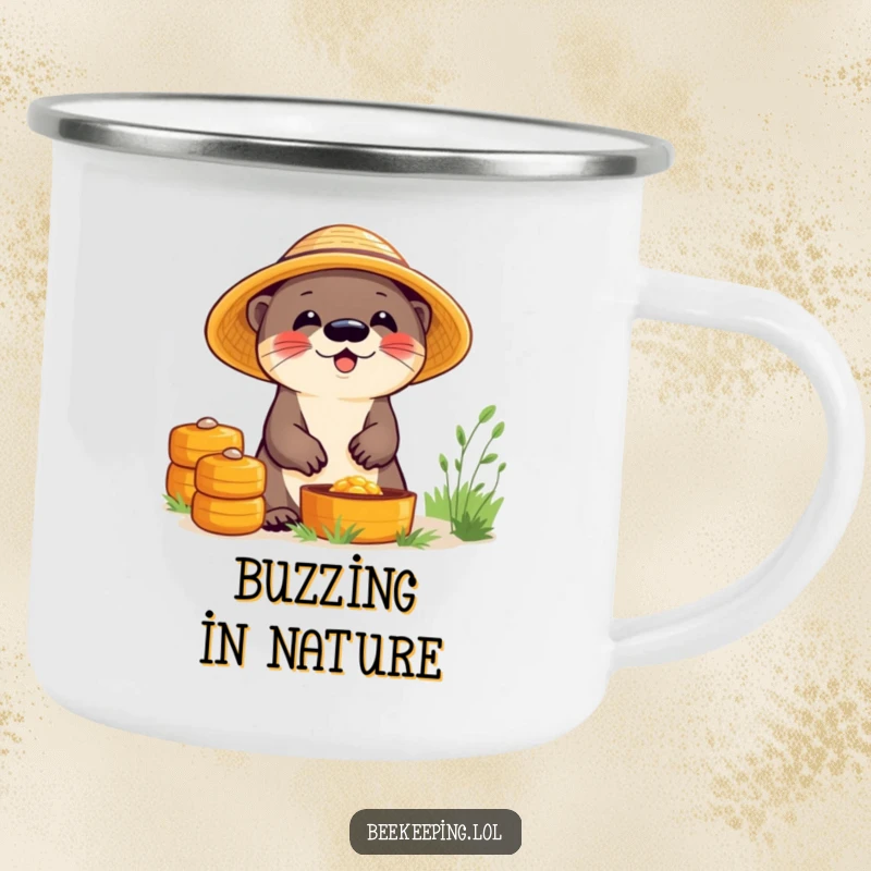 Funny camping mug with a giggling otter wearing a straw hat, near beehives, for outdoor enthusiasts who love humor.
