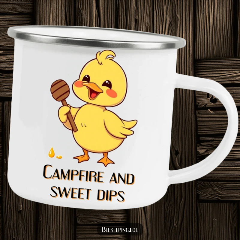 Funny delighted duck holding a honey dipper with glee, on a rugged camping mug, perfect for outdoor enthusiasts.