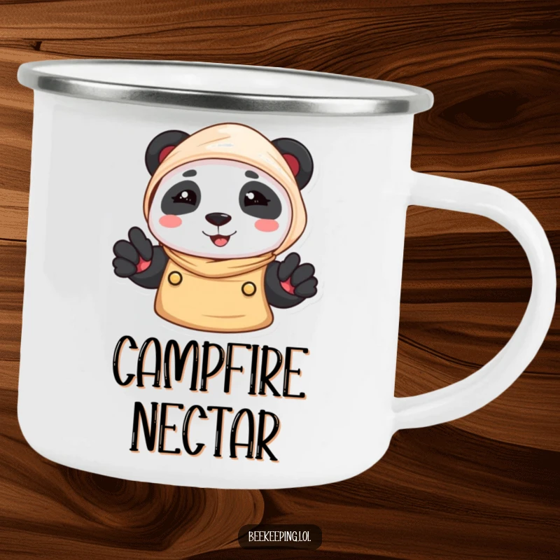 Funny Panda Beekeeper Camping Mug: A smiling panda in a beekeeper veil, perfect for outdoor sipping.