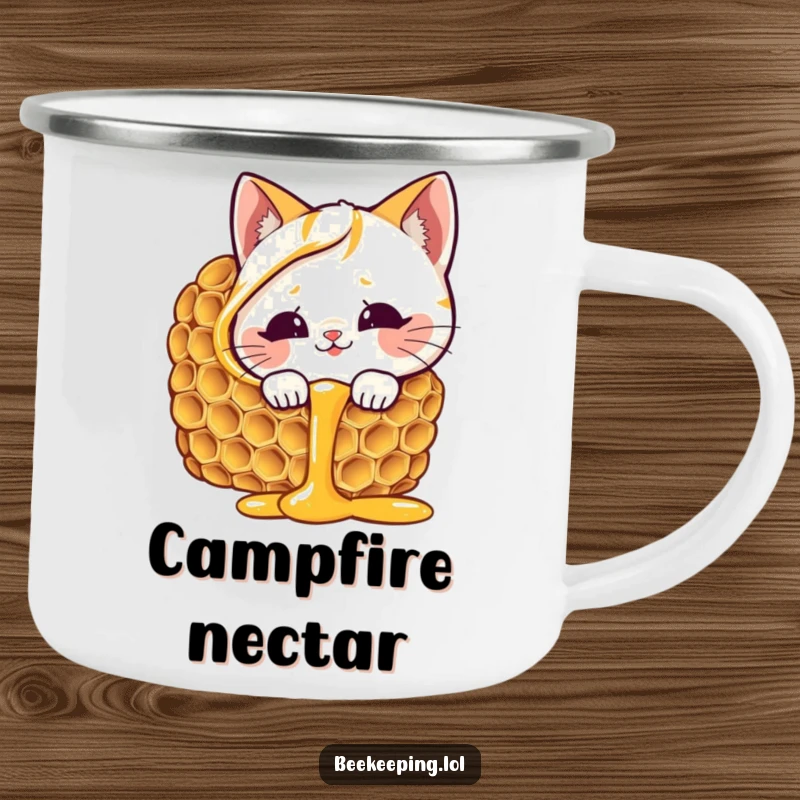 Funny cat honeycomb camping mug, giggling cat curious about dripping honey, sweet and rugged, great funny gift.