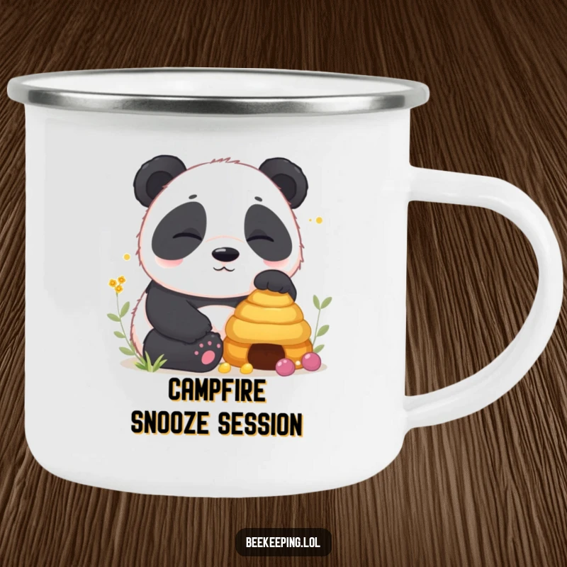 Funny Panda Camping Mug showing a sleepy panda cub near a peaceful beehive, great for outdoor enthusiasts who love calm humor.