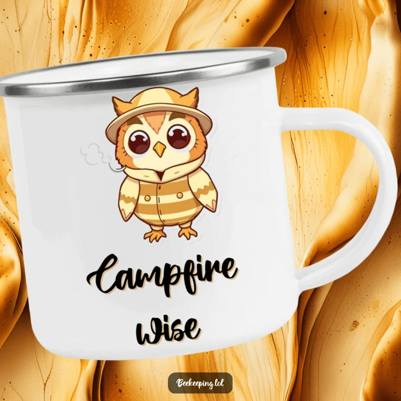 Funny cheerful owl in a beekeeper suit, holding a puff of smoke, a sturdy and humorous enamel camping mug.