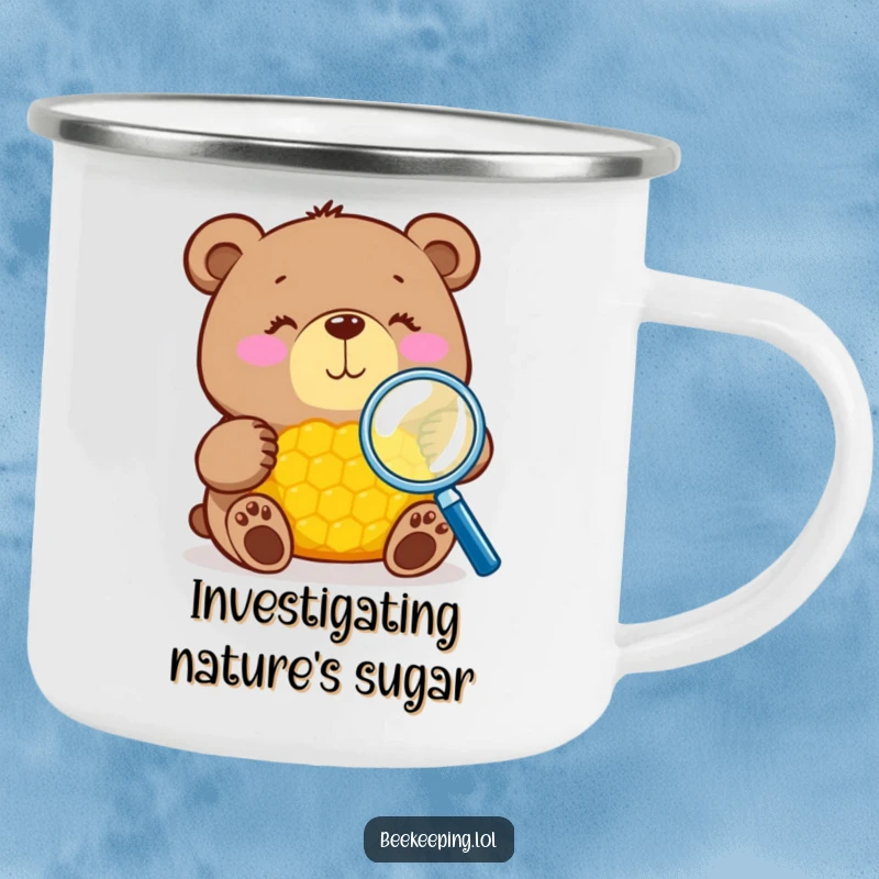 Funny bear with magnifying glass inspecting honeycomb on a camping mug, durable and portable, humorous outdoor gift.