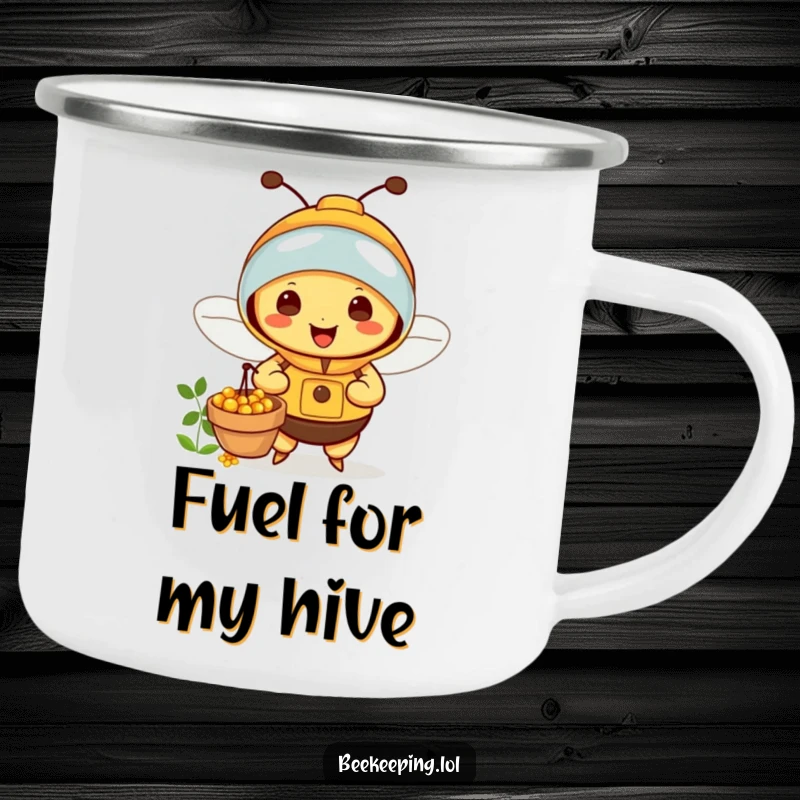 Funny Bee Camping Mug: Sturdy mug featuring a happy beekeeper bee collecting nectar, great for outdoor enjoyment.