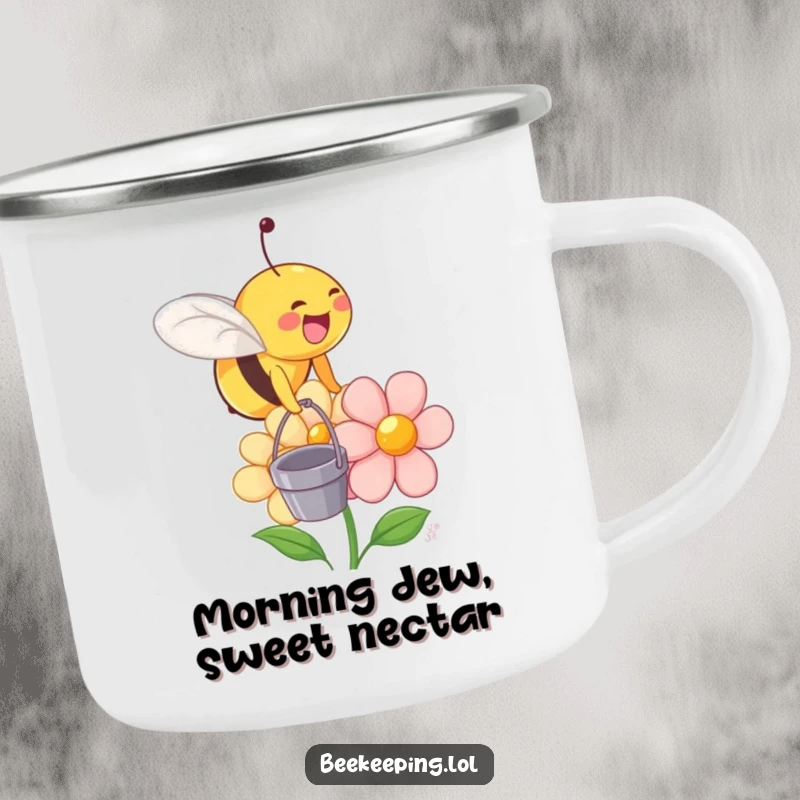 Funny camping mug depicting a happy bee with a tiny bucket approaching a smiling flower.