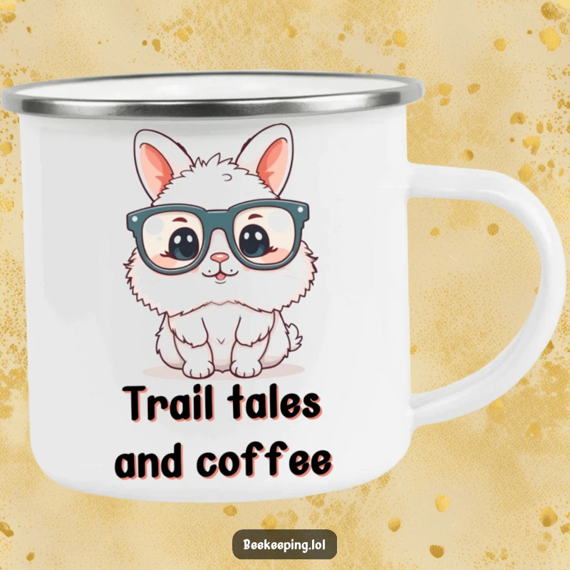 Funny fluffy bunny wearing oversized reading glasses, on a rugged camping mug, perfect for outdoor reading enthusiasts.