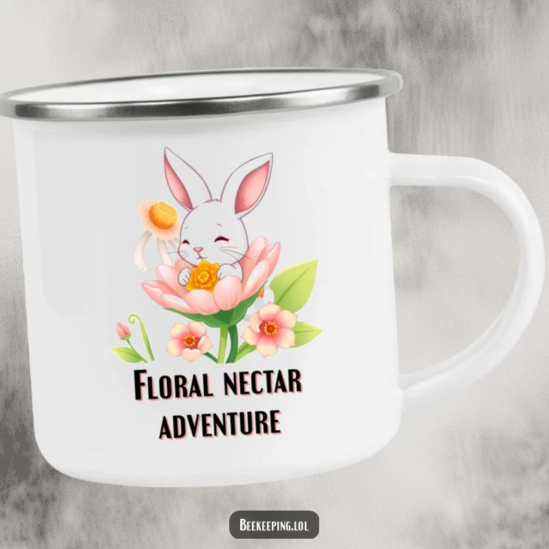Funny Bunny Camping Mug: A durable mug depicting a playful bunny sipping nectar from a large flower in an outdoor setting.