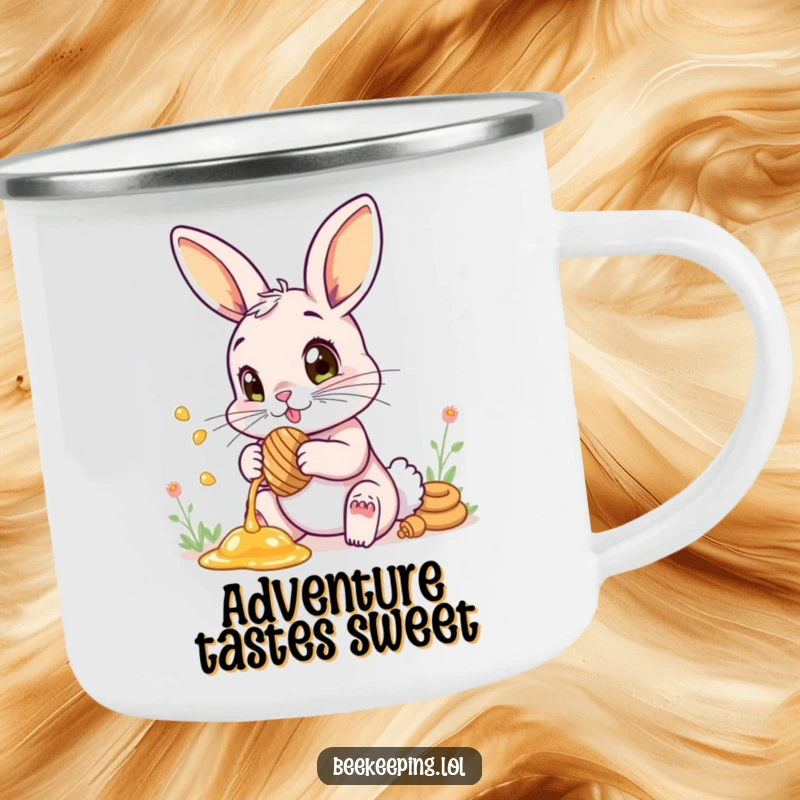 Funny camping mug featuring a bunny collecting honey with wide, wondrous eyes, ready for adventure.