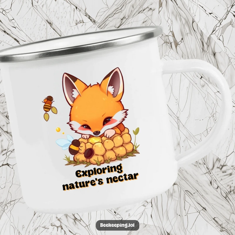 Funny camping mug featuring a curious fox peering into a bubbling beehive, ready for adventure.