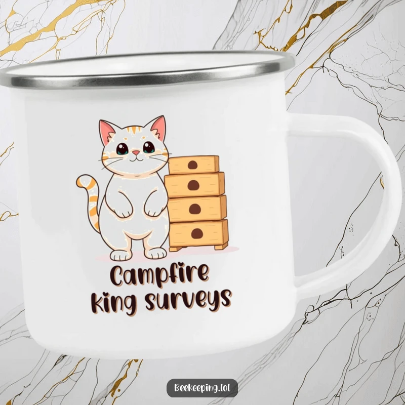 Funny proud cat beside empty beekeeping hives on a sturdy camping mug, for outdoor humor.