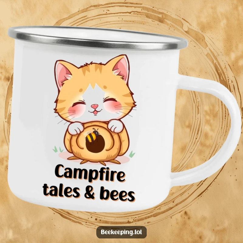 Funny camping mug: a giggling cat peers into a tiny beehive, appealing to outdoor lovers with a sense of humor and feline charm.