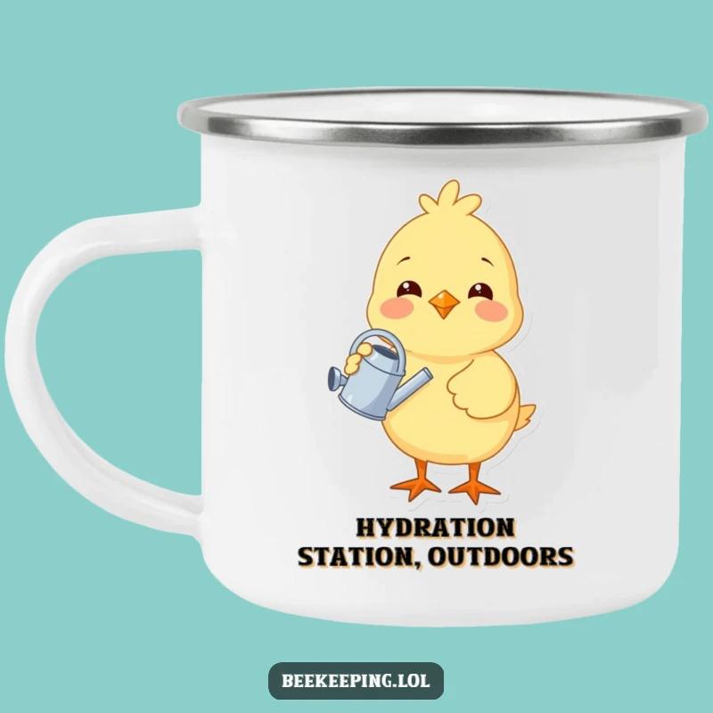 Funny Chick Gardener Camping Mug - Cheerful Bird Watering Plant, Outdoor Adventure Gift