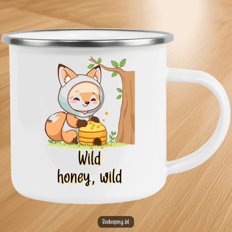 Funny fox beekeeper camping mug, smiling fox in protective gear, holding a beehive, durable and cute, great funny gift.