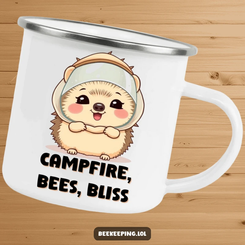 Funny hedgehog wearing a miniature beekeeper veil, giggling, on a rugged camping mug, perfect for outdoor enthusiasts.