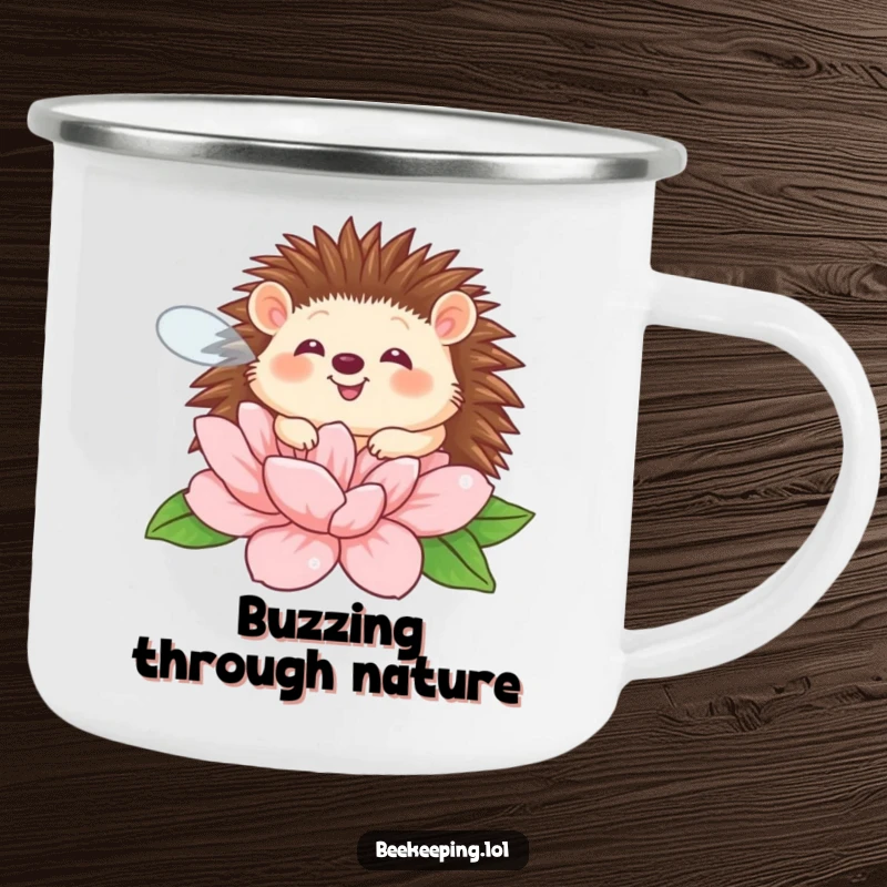 Funny giggling hedgehog buzzing around a flower on a sturdy camping mug, for outdoor humor.
