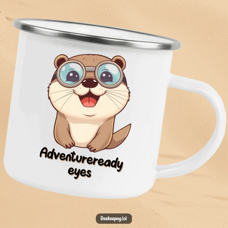 Funny cheerful otter with round protective goggles on a sturdy camping mug, for outdoor humor.