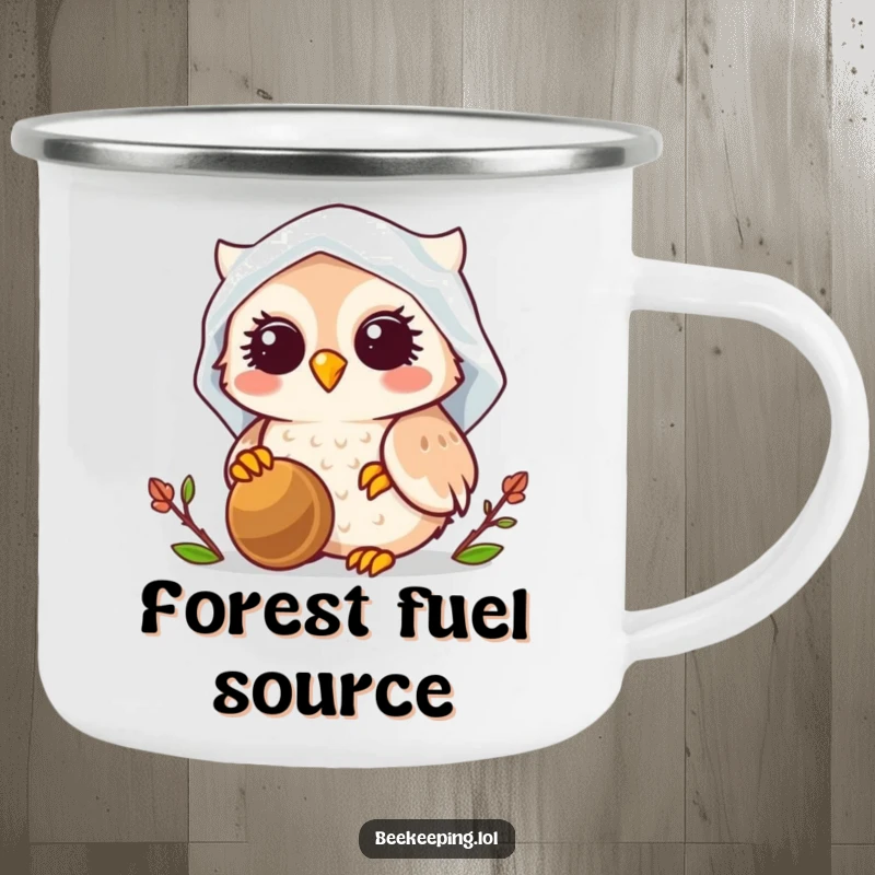 Funny Owl Beekeeper Camping Mug, enamel, smiling owl wearing veil, tending a beehive, humorous outdoor gear.